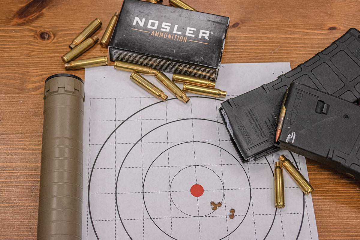 This group using Nosler 55-grain Ballistic Tip Varmint was shot using the AR-15 chambered in 223 Remington.
